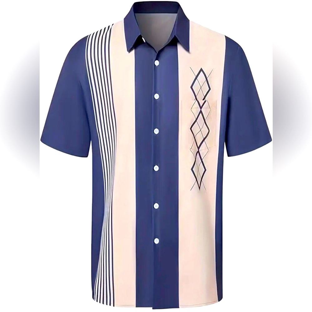 Geometric Print Short Sleeve Blue Shirt w Lapel Collar (XXXL)